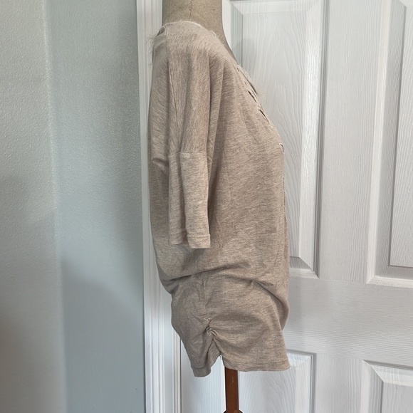 Y2K XOXO top tan cream cutouts fring scoop neck 3/4 sleeve gathered waist size S - Picture 4 of 10